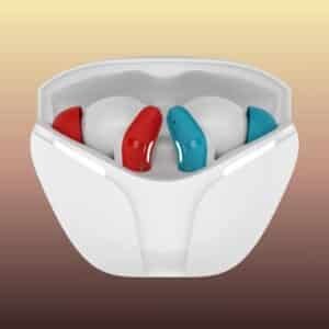 a pair of blue, red and white earbuds