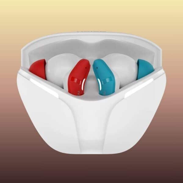 a pair of blue, red and white earbuds